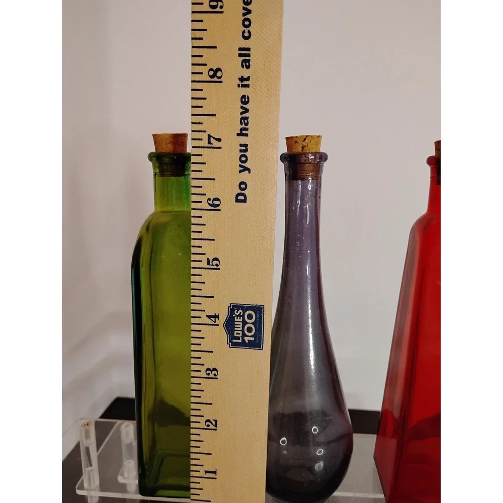 Vintage Style Colored Glass Bottles Set of 3 Jewel Tone Decorative Cork Vases